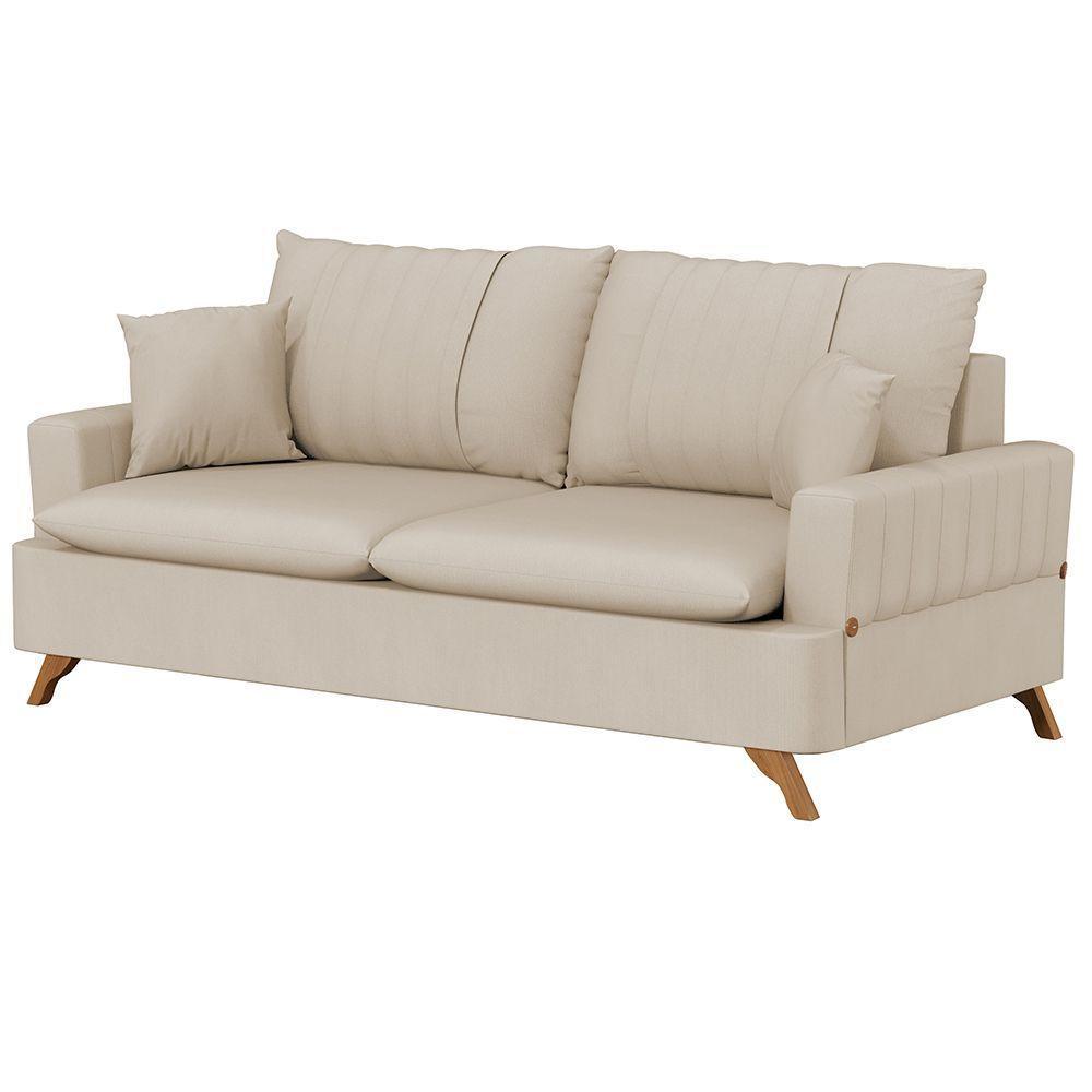 Sofá 200Cm 3 Lugares Com Almofadas Pés Curvos Veras Suede D05 Bege Claro - Mpozenato - 3