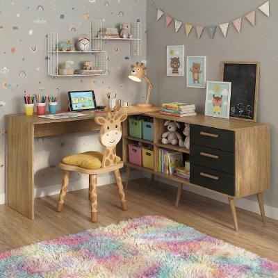 Mesa De Estudos Em L Com 3 Gavetas Porto Multimóveis Mp6047 Madeirado/preto