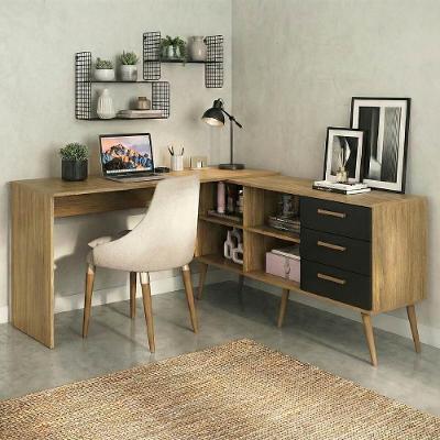 Mesa De Escritório Em L Com 3 Gavetas Porto Multimóveis Mp6046 Madeirado/preto