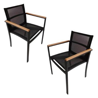 2 Cadeiras Amélia Tela Alumínio Braço Madeira Piscina Jardim - Nossa Kasa Preto