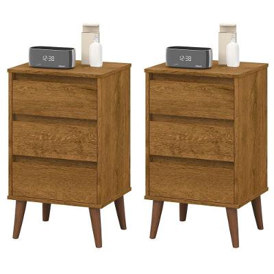 Kit 2 Mesas De Cabeceira Wood - Mdp 3 Gavetas Corrediças Metálicas Freijó - Movelove