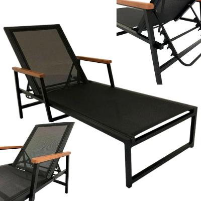 Espreguiçadeira Piscina Amélia Tela Sling Braços De Madeira Preto