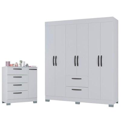 Cômoda 868 4 Gavetas E 1 Porta Com Guarda Roupa Casal Tóquio 6 Portas Branco Brilho - Poquema