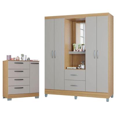 Cômoda 868 4 Gavetas E 1 Porta Com Guarda Roupa Solteiro Córdoba 4 Portas Damasco Off White - Poquema