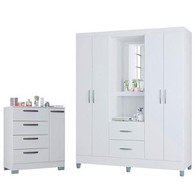Cômoda 868 4 Gavetas E 1 Porta Com Guarda Roupa Solteiro Córdoba 4 Portas Branco Brilho - Poquema