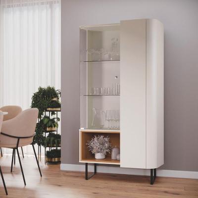 Cristaleira Moderna Com Prateleira De Vidro E Pés De Ferro Off White