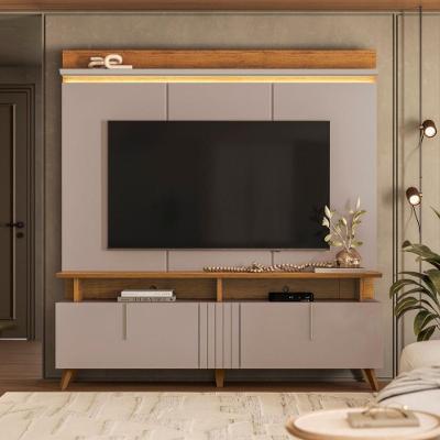 Painel Com Led E Rack Ripado Com Prateleira Canela