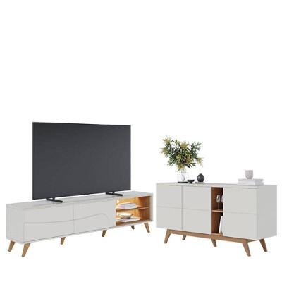 Rack Bancada Amalfi Com Pés Em Madeira E Aparador Buffet Noronha Off White Matte Freijó - Colibri