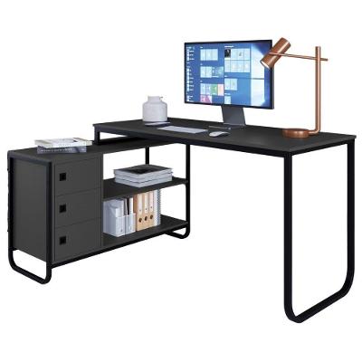 Escrivaninha De Canto 3 Gavetas P1063 Grafite Preto Pp Milani Store