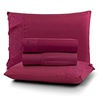 Jogo De Lençol Nobre Solteiro 3 Peças Micropercal 200 Fios Bordado Inglês Fino - Bordo - 100% Poliéster