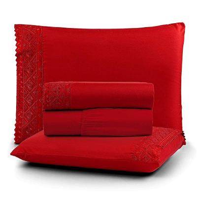 Jogo De Lençol Nobre King 4 Peças Micropercal 200 Fios Bordado Inglês Fino - Carmim - 100% Poliéster