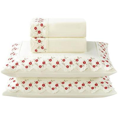 Jogo De Lençol Ricca King 4 Peças Micropercal 300 Fios Bordado Floral - Margarida Vermelho - 100% Poliéster