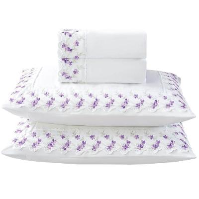 Jogo De Lençol Ricca King 4 Peças Micropercal 300 Fios Bordado Floral - Violetas - 100% Poliéster