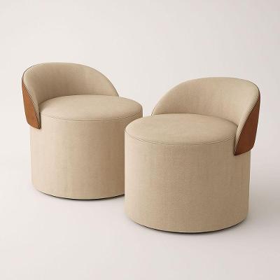 Kit 2 Puff Orgânico Com Encosto Redondo Curvo Confortável Resistente Composé Linho Corino linho Bege