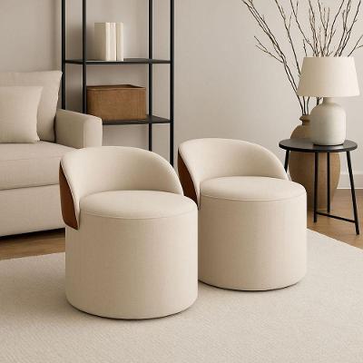 Kit 2 Puff Redondo Orgânico Com Encosto Curvo Confortável Resistente Composé Linho Corino linho Bege