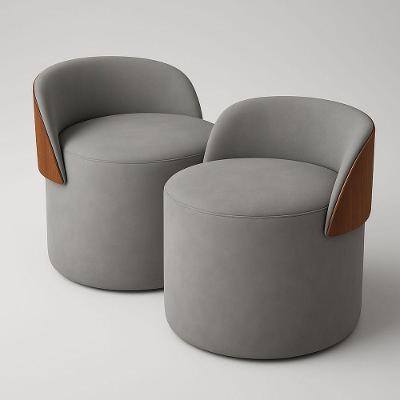 Kit 2 Puff Redondo Curvo Orgânico Com Encosto Confortável Resistente Composé Suede Corino Suede Cinza