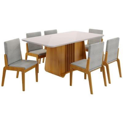 Kit Mesa De Jantar Harpa Com 6 Cadeiras Sinfonia Em Linho Naturale-off White-cinza