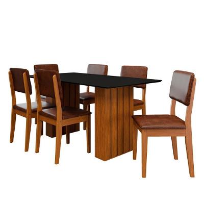 Kit Mesa Jantar Santiago 160 Tampo Vidro 6 Cadeiras Córdoba Cinamomo-preto-mogno