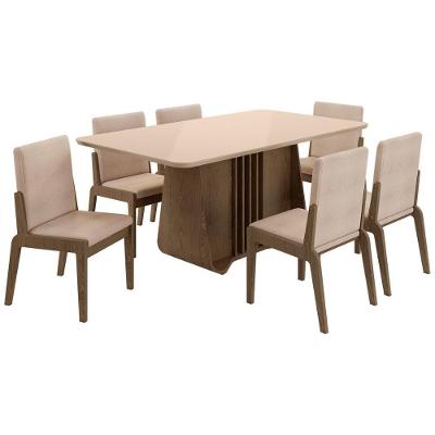 Kit Mesa De Jantar Harpa Com 6 Cadeiras Sinfonia Em Linho Carvalho-fendi-creme