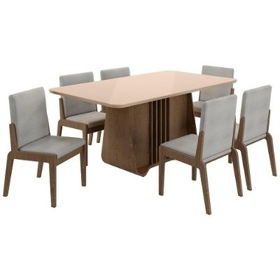 Kit Mesa De Jantar Harpa Com 6 Cadeiras Sinfonia Em Linho Carvalho-fendi-cinza