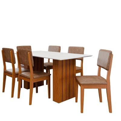 Kit Mesa Jantar Santiago 160 Tampo Vidro 6 Cadeiras Córdoba Cinamomo-branco-capuccino