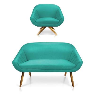 Kit 01 Namoradeira 02 Lugares E 01 Poltrona Giovana Suede Azul Turquesa