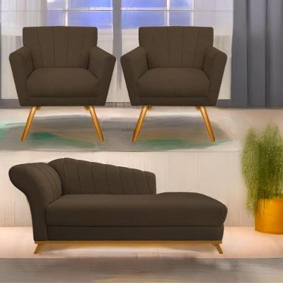 Kit Diva Recamier Vanessa 160Cm Lado Direito E 02 Poltronas Laura Suede Cor Marrom