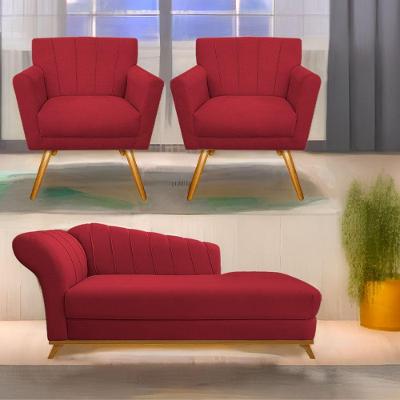 Kit Diva Recamier Vanessa 140Cm Lado Direito E 02 Poltronas Laura Suede Cor Vermelho