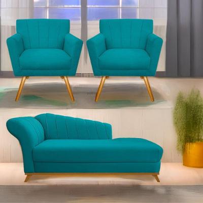 Kit Diva Recamier Vanessa 140Cm Lado Direito E 02 Poltronas Laura Suede Cor Azulturquesa