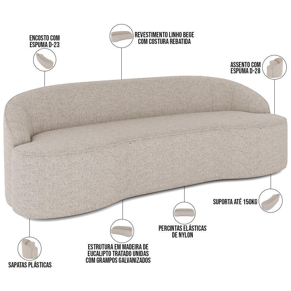 Sofá 3 Lugares Curvo Sala De Estar Living Lótus D02 Linho Bege 210 Cm D-463 - 5
