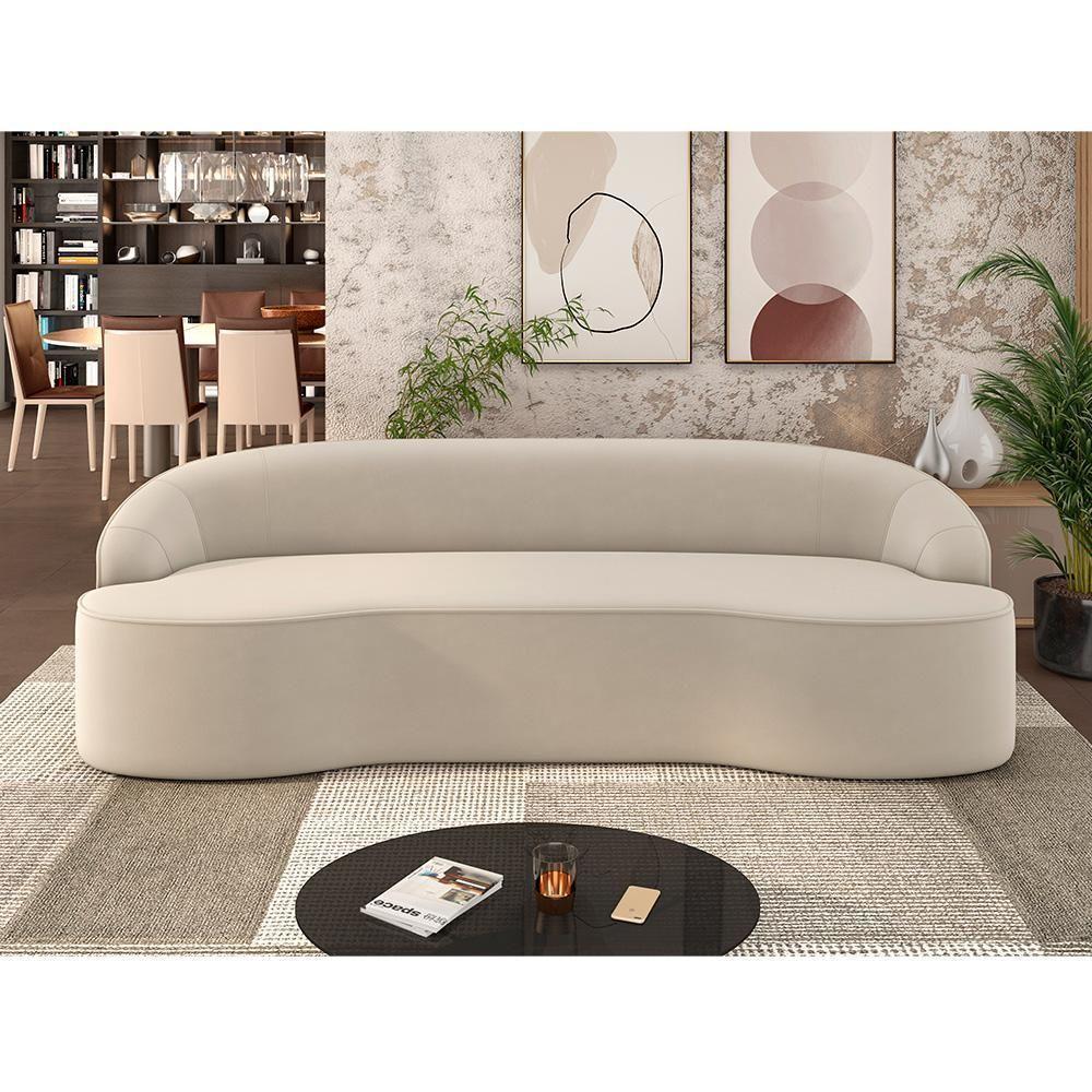 Sofá 3 Lugares Curvo Sala De Estar Living Lótus D02 Veludo Bege 210 Cm C-309 - 2