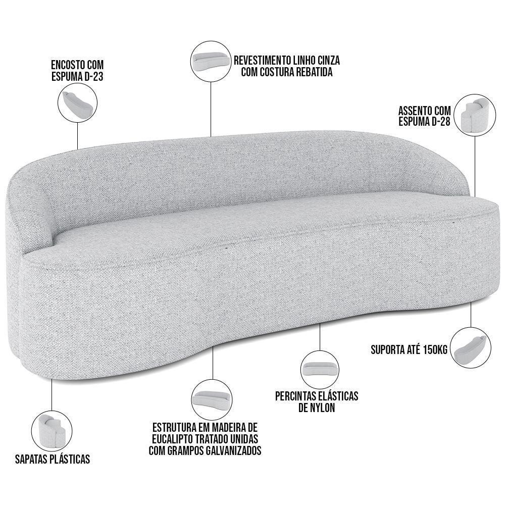 Sofá 3 Lugares Curvo Sala De Estar Living Lótus D02 Linho Cinza 180 Cm D-315 - 7