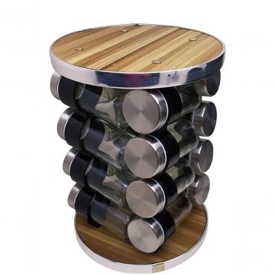 Torre De Porta Condimento Inox 16 Potes Base Giratorio - Madeira Giratória Com 16 Potes | Cozinha Organizada