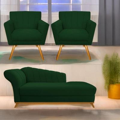 Kit Diva Recamier Vanessa 140Cm Lado Direito E 02 Poltronas Laura Suede Cor Verde
