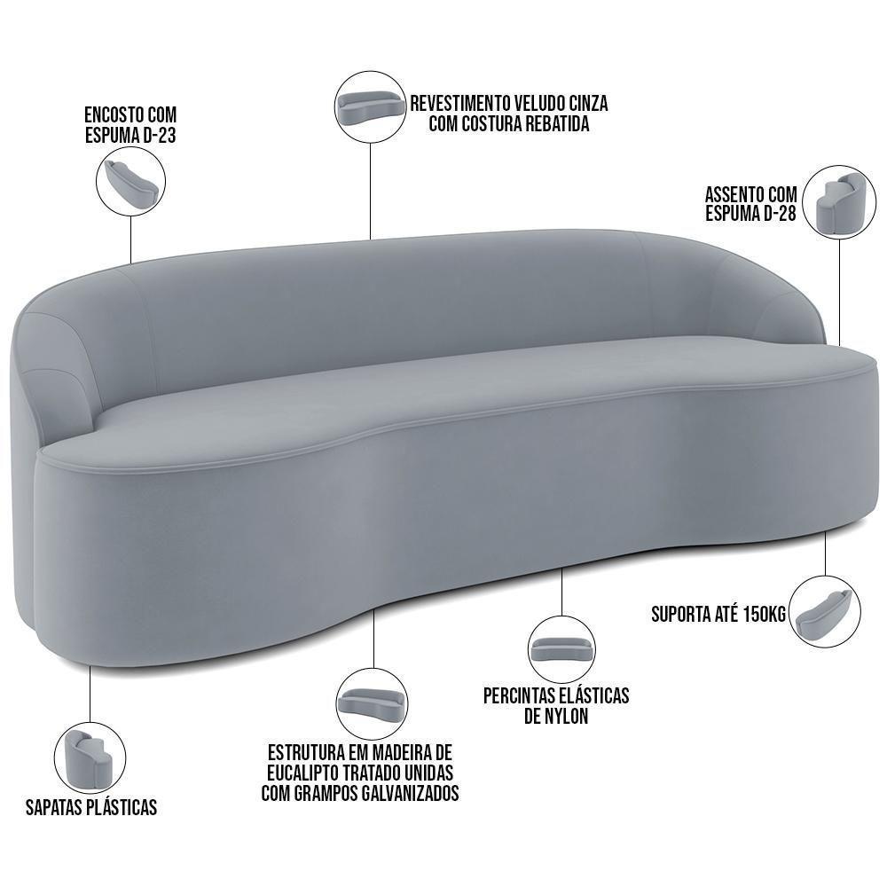 Sofá 3 Lugares Curvo Sala De Estar Living Lótus D02 Veludo Cinza 180 Cm C-317 - 4