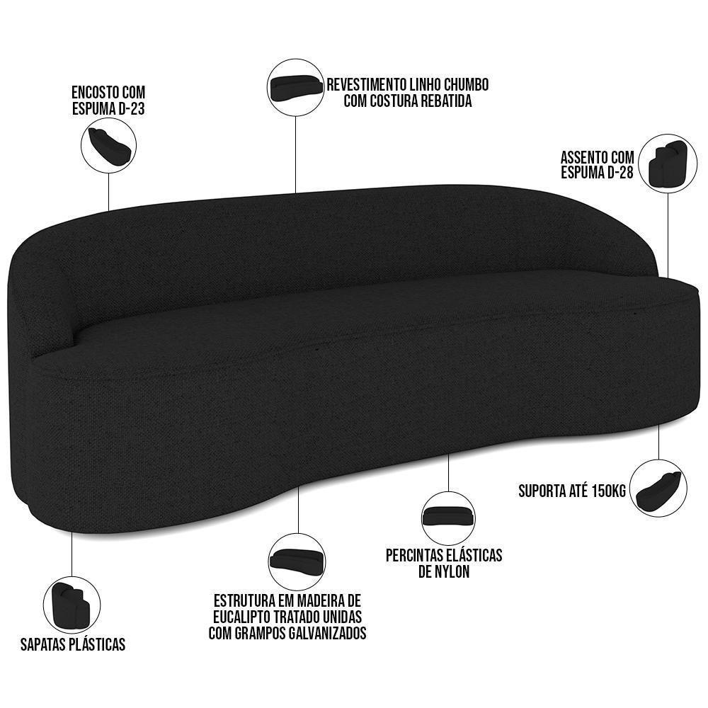 Sofá 3 Lugares Curvo Sala De Estar Living Lótus D02 Linho Chumbo 210 Cm D-465 - 6