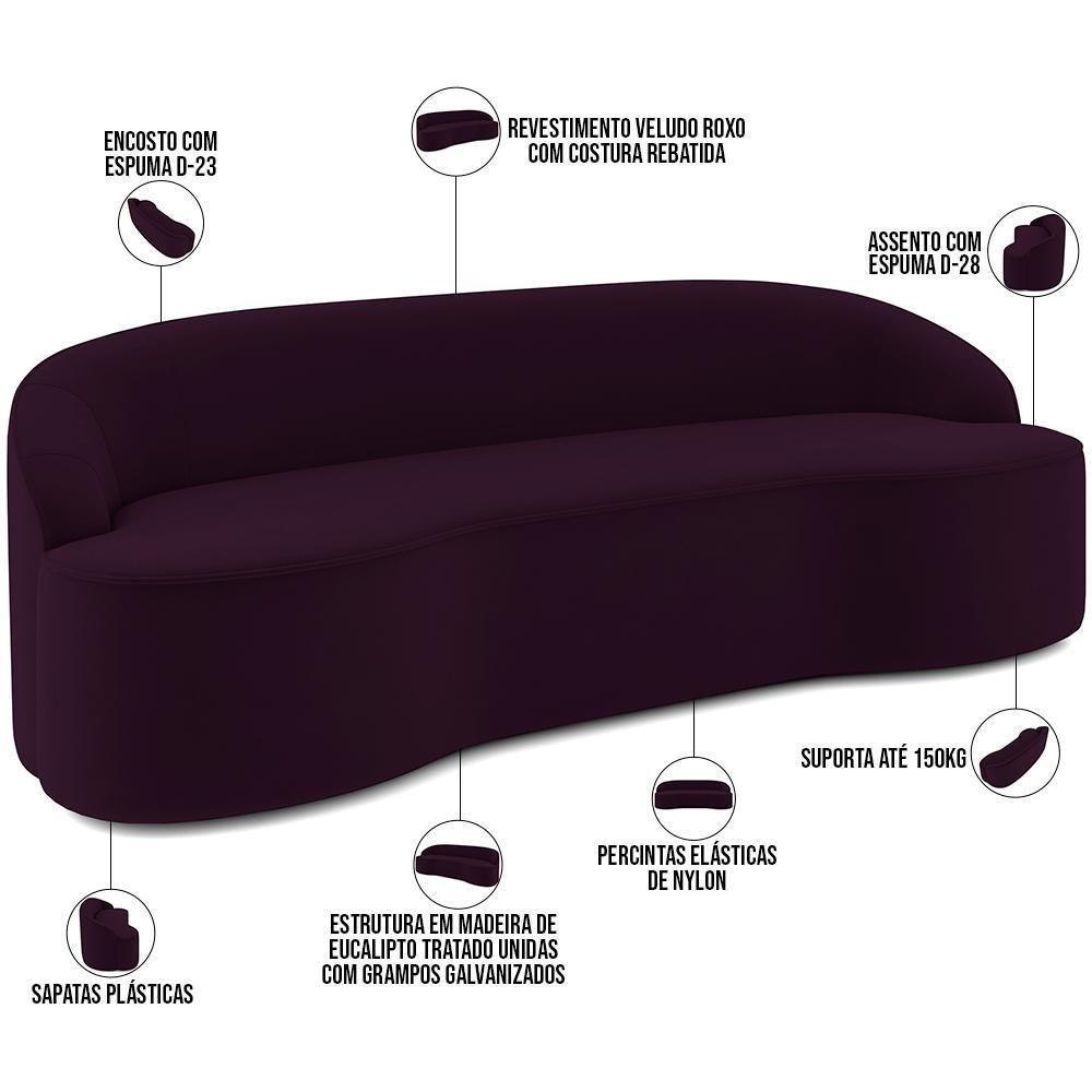 Sofá 3 Lugares Curvo Sala De Estar Living Lótus D02 Veludo Roxo 180 Cm C-292 - 4
