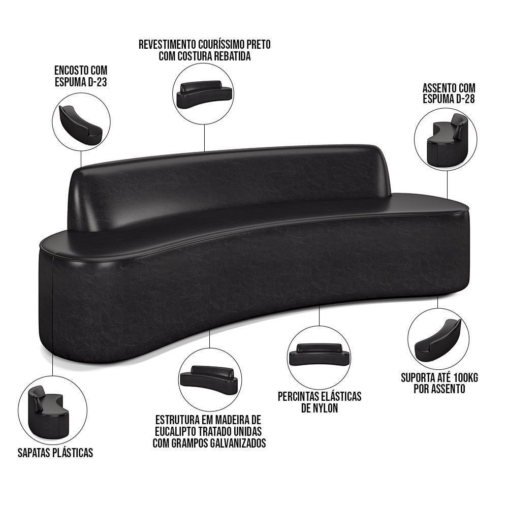 Sofá 4 Lugares Curvo Sala De Estar Living Cancún D02 Couríssimo Preto 230 Cm B-159 - 6