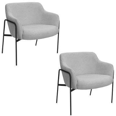 Kit 02 Poltronas Decorativas Jade Base Aço Preto Bouclé Cinza Claro - Nexta Casa