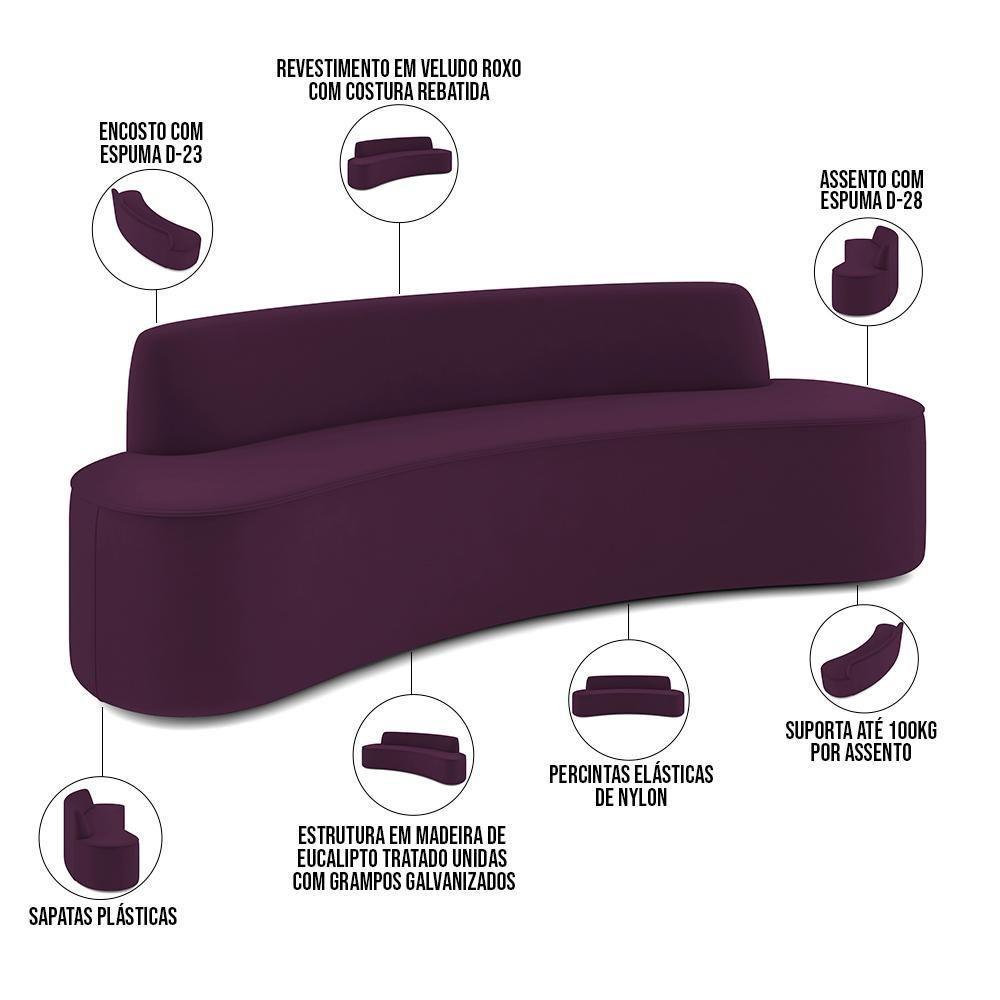 Sofá 4 Lugares Curvo Sala De Estar Living Cancún D02 Veludo Roxo 230 Cm C-292 - 5