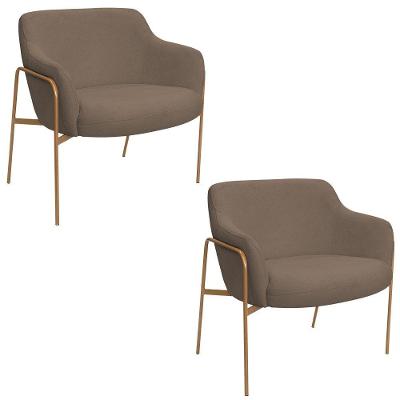 Kit 02 Poltronas Decorativas Jade Base Aço Ouro Fosco Bouclé Marrom - Nexta Casa