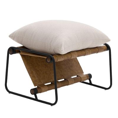 Puff Decorativo Turim Base Aço Preto Recouro Camel Linho Off White - Nexta Casa