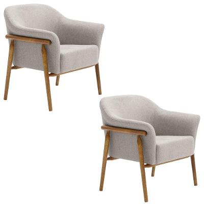 Kit 02 Poltronas Luna Base Madeira Suede Tramado Cinza Claro - Nexta Casa