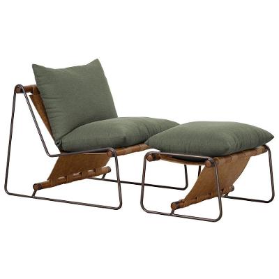 Kit Poltrona Com Puff Turim Base Aço Titânio Recouro Camel Linho Verde - Nexta Casa