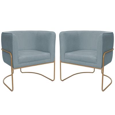 Kit 02 Poltronas Decorativas Betina Base Aço Ouro Fosco Bouclé Azul Claro - Nexta Casa