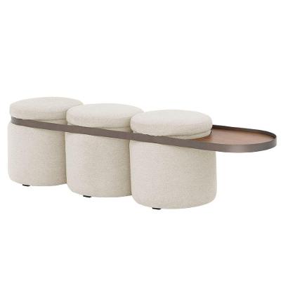 Puff Lynce 3 Lugares Com Mesa Auxiliar Aro Titânio Poliéster Bege Claro - Nexta Casa