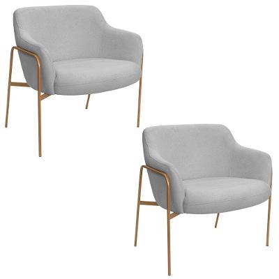 Kit 02 Poltronas Decorativas Jade Base Aço Ouro Fosco Bouclé Cinza Claro - Nexta Casa