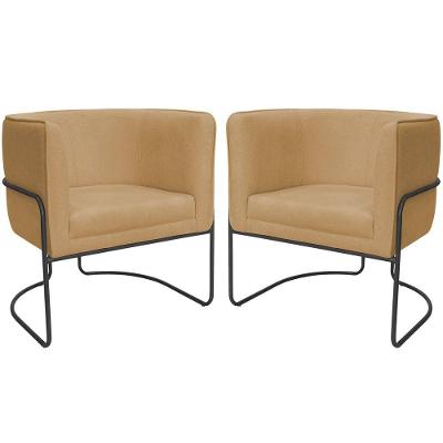 Kit 02 Poltronas Decorativas Betina Base Aço Preto Bouclé Camel - Nexta Casa