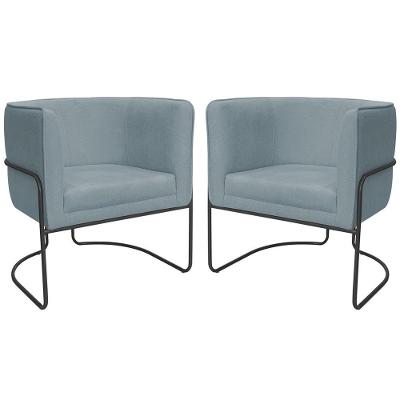 Kit 02 Poltronas Decorativas Betina Base Aço Preto Bouclé Azul Claro - Nexta Casa