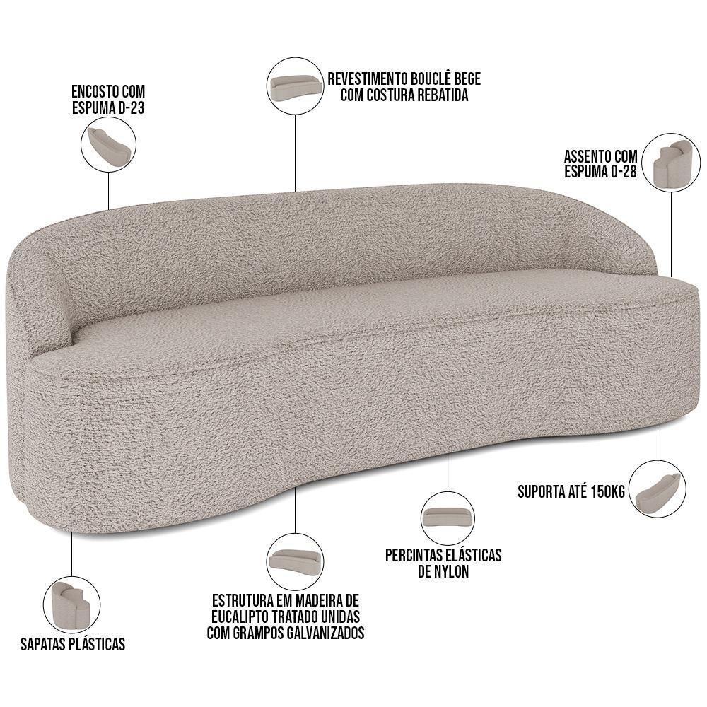 Sofá 4 Lugares Curvo Sala De Estar Living Lótus D02 Bouclê Bege 230 Cm B-62 - 2